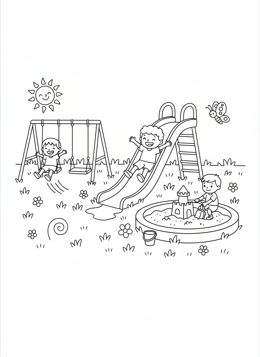 Joyful Kids Playground Adventure Coloring Page - Children Playing Coloring Page featuring Swing and Kids - Free Printable Outline Drawing for Kids