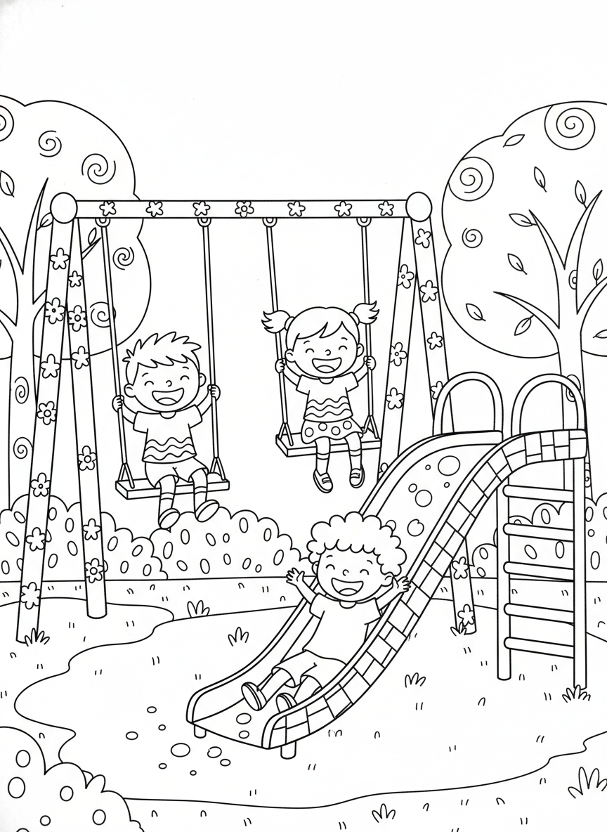 Joyful Kids' Playground Fun Coloring Page - Children Playing Coloring Page featuring Children and School - Free Printable Outline Drawing for Kids