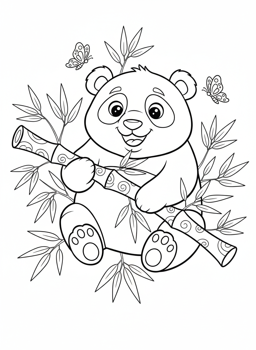 Panda Feliz Comendo Bambu: Página para Colorir Infantil - Urso Desenho para Colorir com Fácil de Colorir e Crianças - Desenho de Contorno Grátis Imprimível