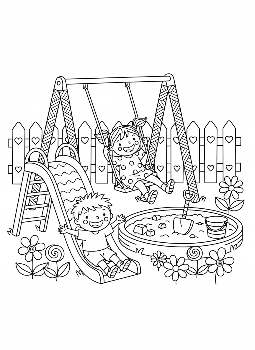 Joyful Playground Fun: Kids on Swings & Slide Coloring Page - Children Playing Coloring Page featuring Children and Cute - Free Printable Outline Drawing for Kids
