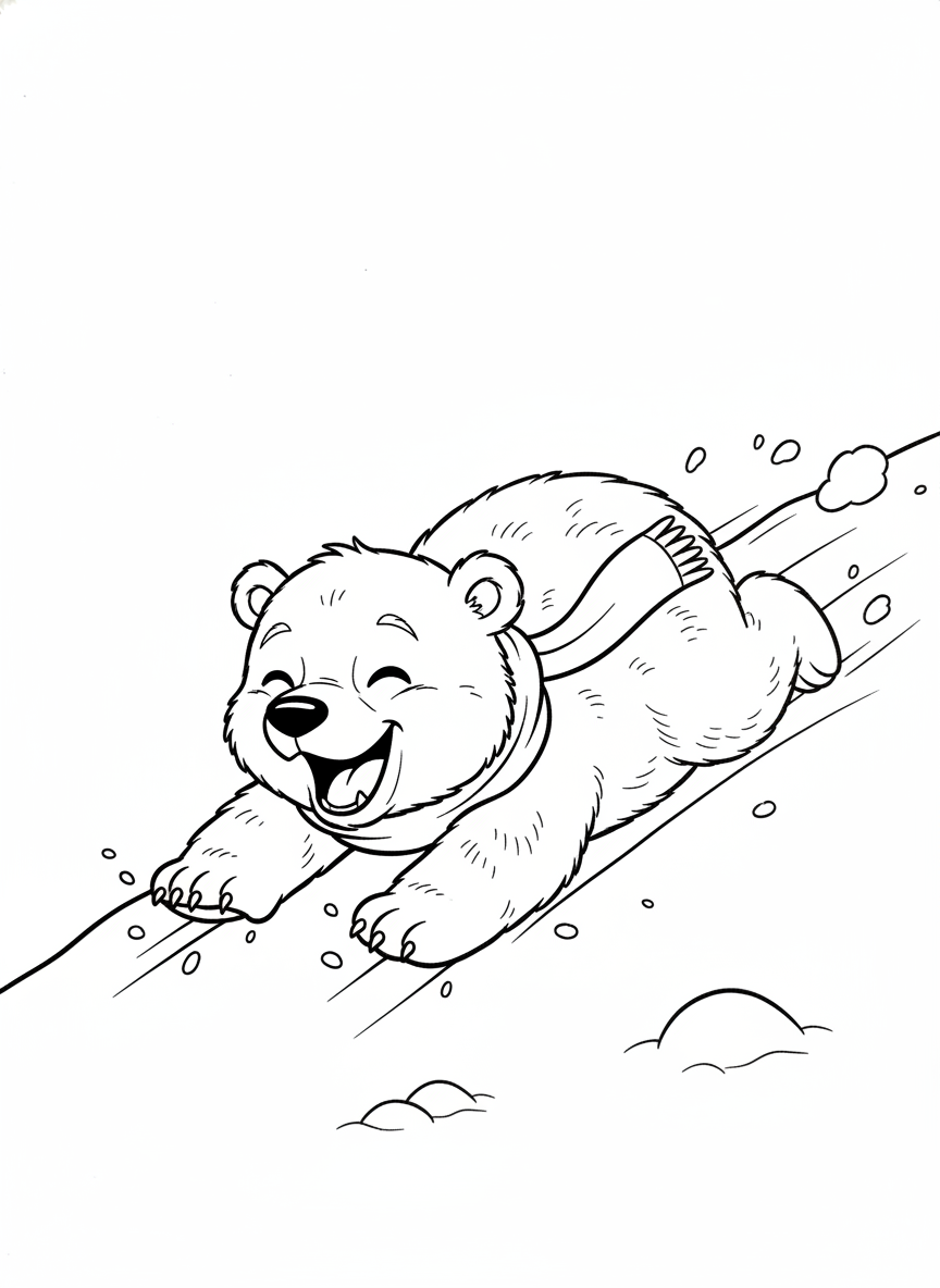 Joyful Polar Bear Cub Sliding: Fun Winter Coloring Page for Kids - Bear Coloring Page featuring Children and Cute - Free Printable Outline Drawing for Kids