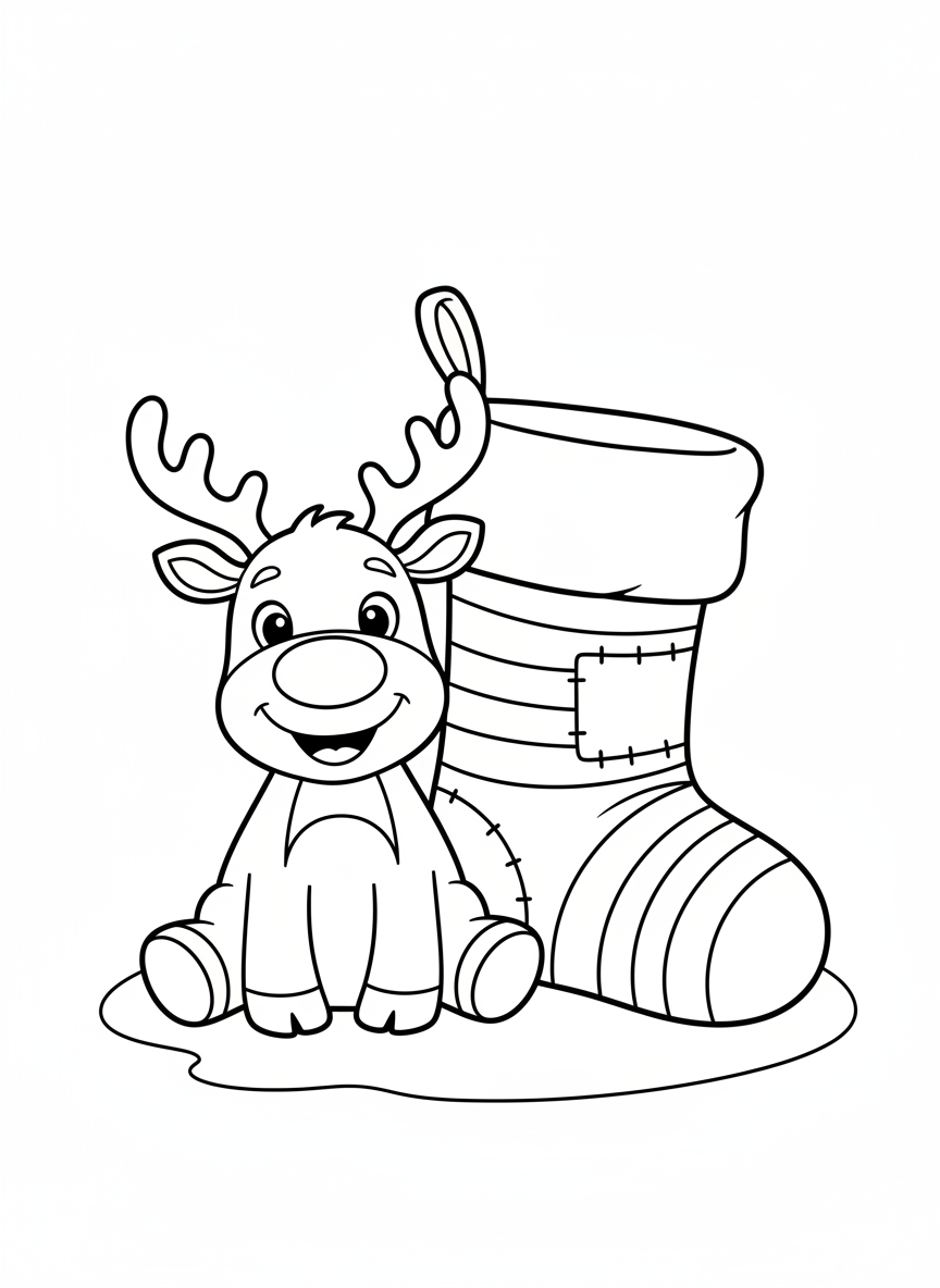 可愛馴鹿與聖誕襪兒童著色頁 - 聖誕節 著色頁 節慶、兒童 - 免費可列印輪廓畫