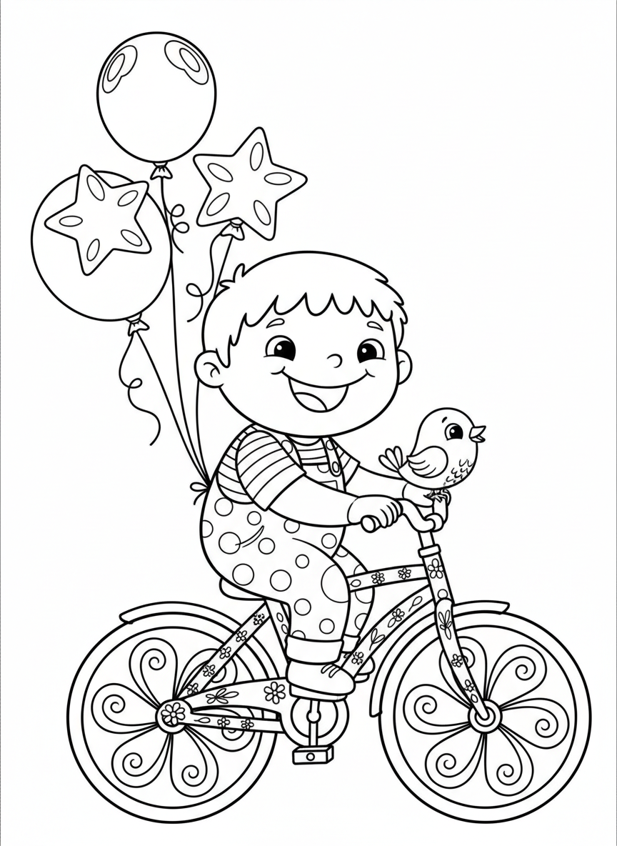 Joyful Ride: Child and Bird on a Whimsical Bicycle Coloring Page - Child Coloring Page featuring Children and Bicycle - Free Printable Outline Drawing for Kids