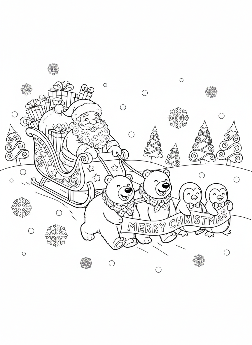 Joyful Santa's Sleigh Ride: Polar Bears & Penguins Christmas Coloring Page - Christmas Coloring Page featuring Christmas and Penguin - Free Printable Outline Drawing for Kids