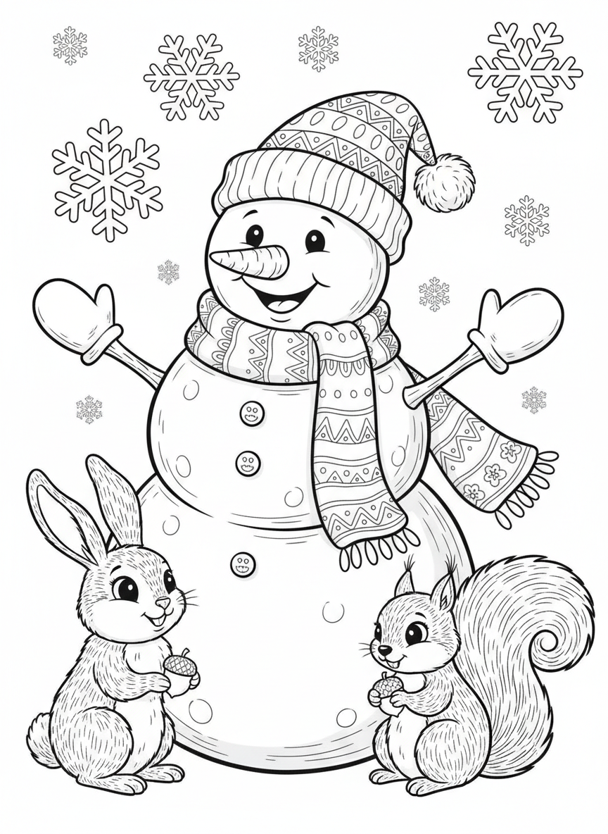 陽気な雪だるまと森の仲間たちのクリスマスぬりえ - クリスマス ぬりえページ クリスマスと動物 - 無料印刷可能な輪郭画