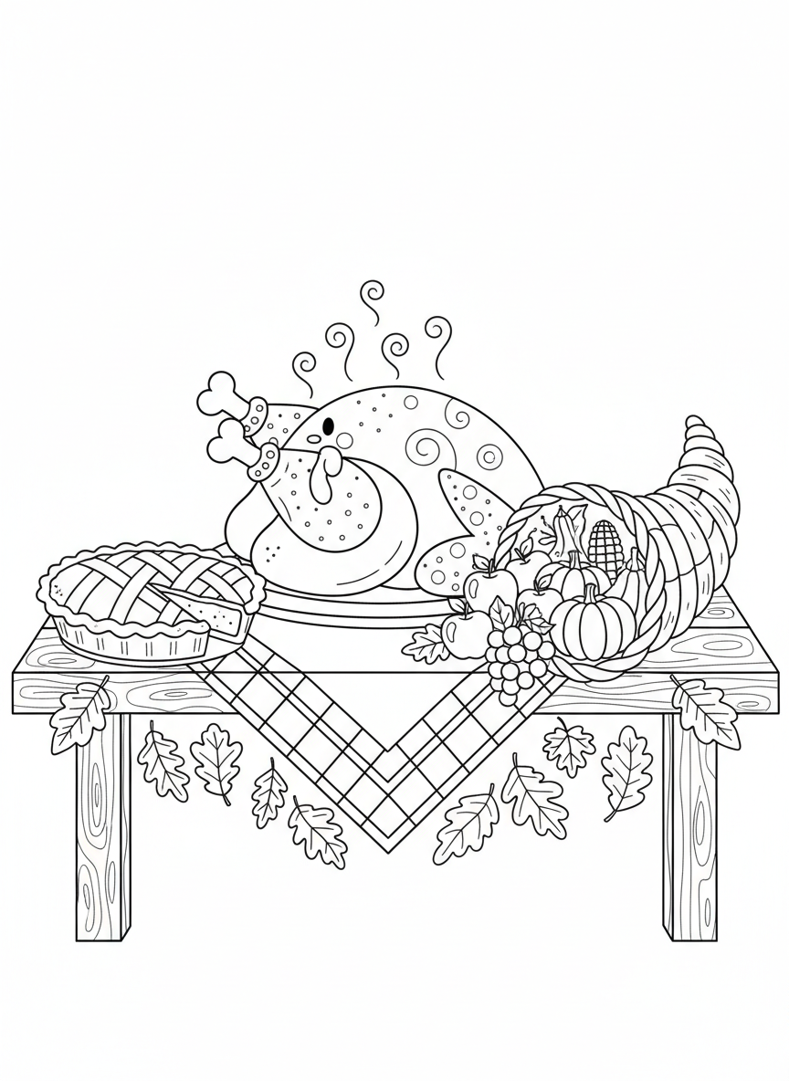 楽しい感謝祭のごちそうぬりえ（子供向け） - 感謝祭 ぬりえページ 子供と七面鳥 - 無料印刷可能な輪郭画