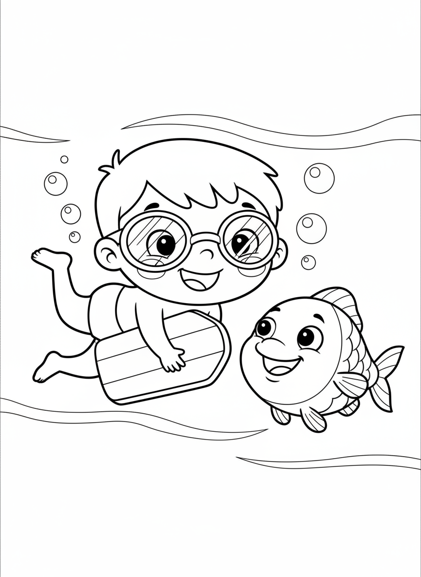 Joyful Underwater Adventure: Child & Fish Coloring Page - Ocean Animal Coloring Page featuring Playful and Underwater - Free Printable Outline Drawing for Kids