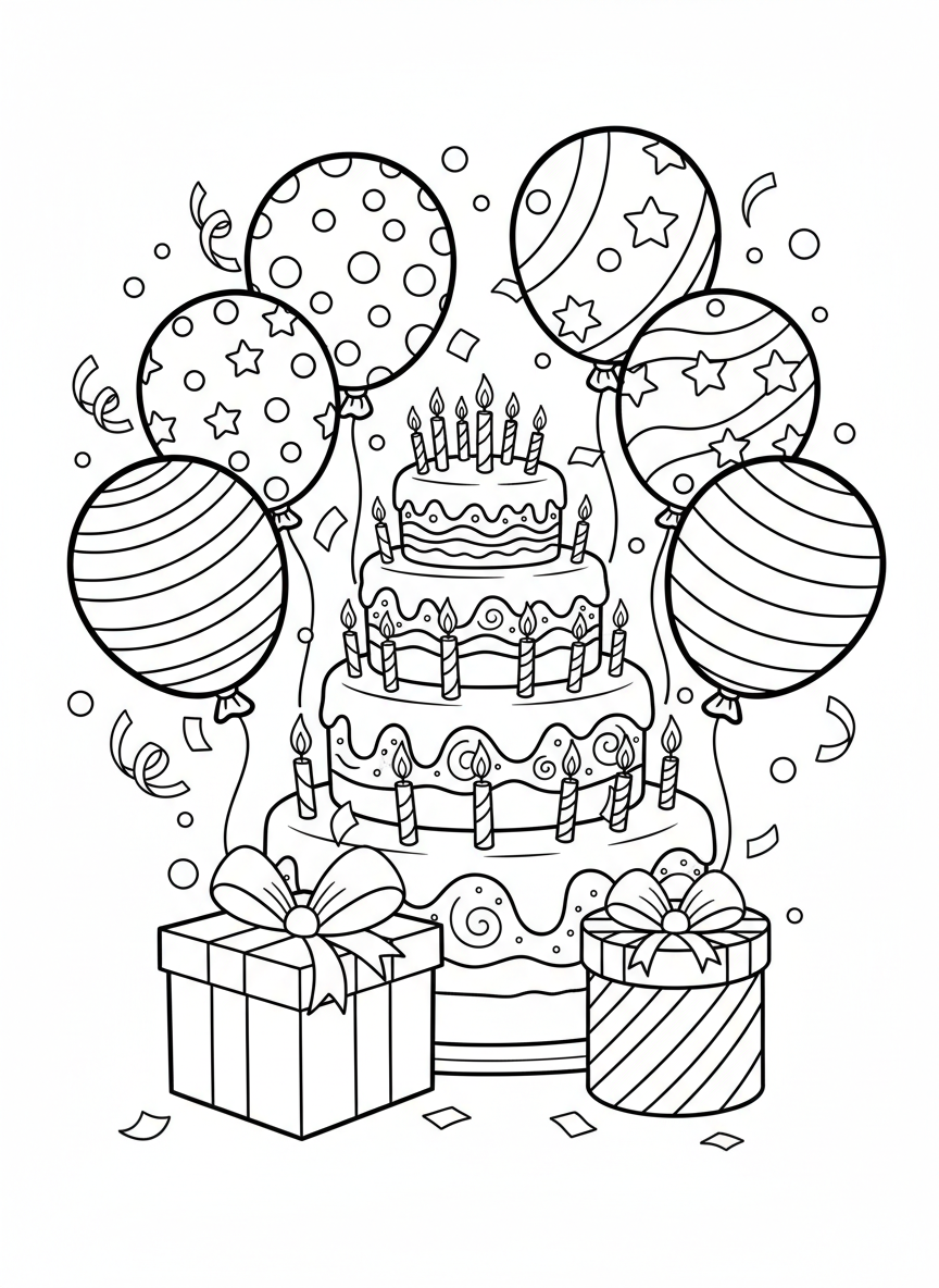 Kid's Birthday Party Coloring Page: Cake, Balloons & Gifts - Birthday Coloring Page featuring Festive and Children - Free Printable Outline Drawing for Kids