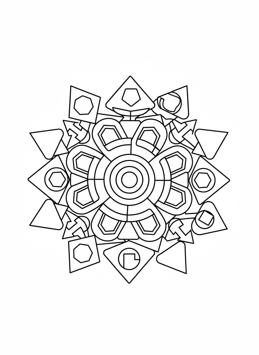 Kids' Geometric Mandala Coloring Page: Fun Shapes for Ages 5-8 - Mandala Coloring Page featuring Easy to Color and Playful - Free Printable Outline Drawing for Kids