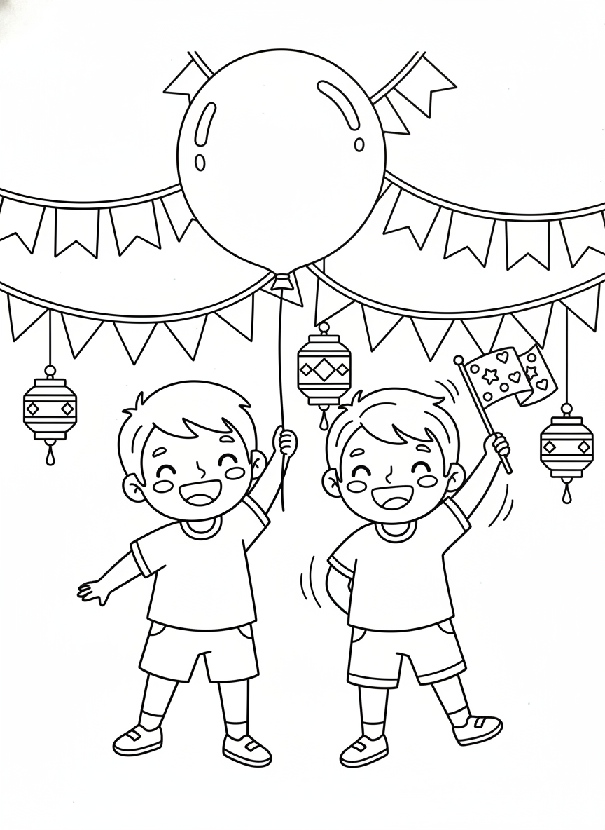 Kids' Outdoor Festival Fun: Balloon & Flag Coloring Page - Festival Celebration Coloring Page featuring Festive and Happy - Free Printable Outline Drawing for Kids