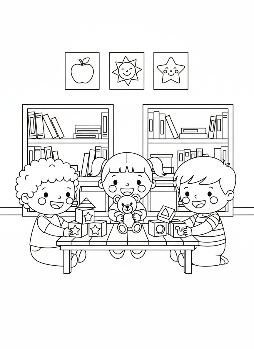 楽しい幼稚園の教室塗り絵：子供たちの遊びの時間 - 学校生活 ぬりえページ かわいいと積み木 - 無料印刷可能な輪郭画