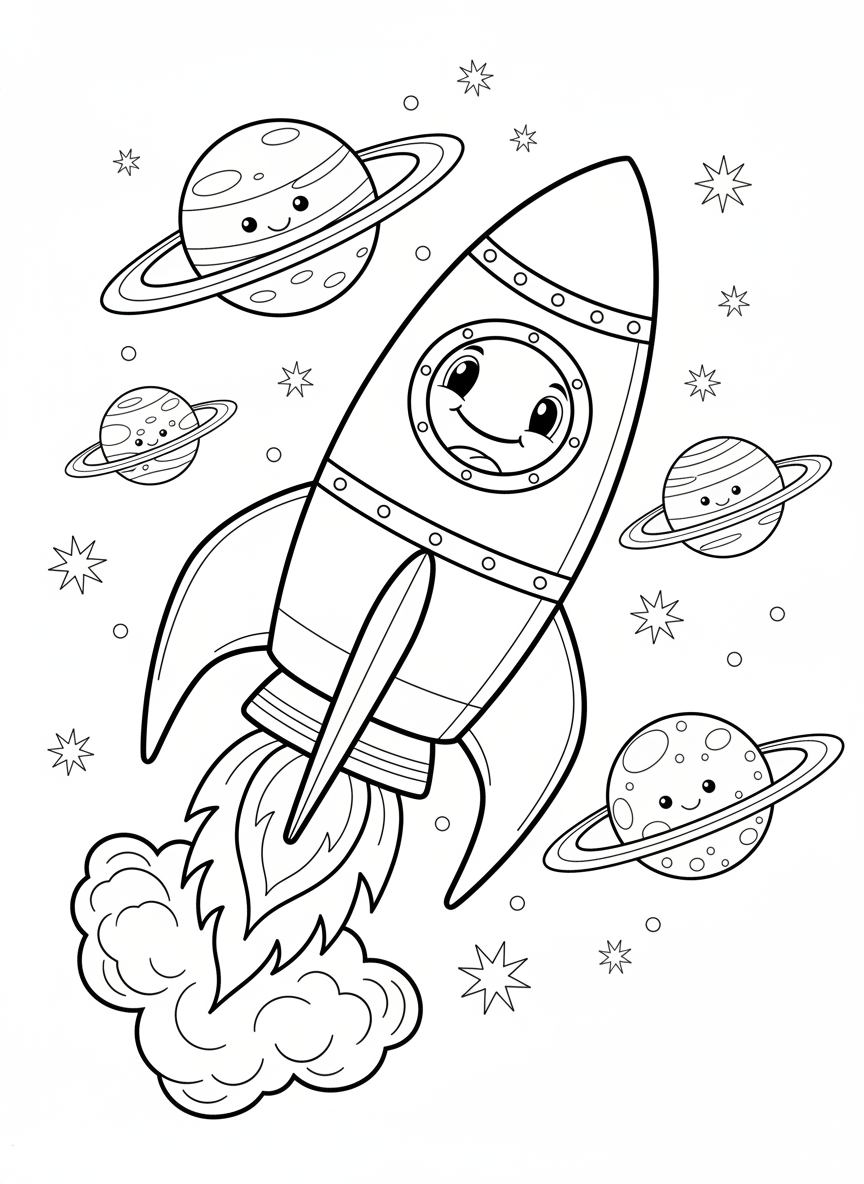 Kids' Space Rocket Adventure Coloring Page with Smiling Planets - Space & Planet Coloring Page featuring Children and Cute - Free Printable Outline Drawing for Kids