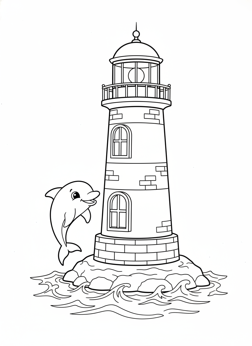 灯台と遊び心いっぱいのイルカ：子供向け海の冒険ぬり絵 - 海の動物 ぬりえページ イルカと海 - 無料印刷可能な輪郭画