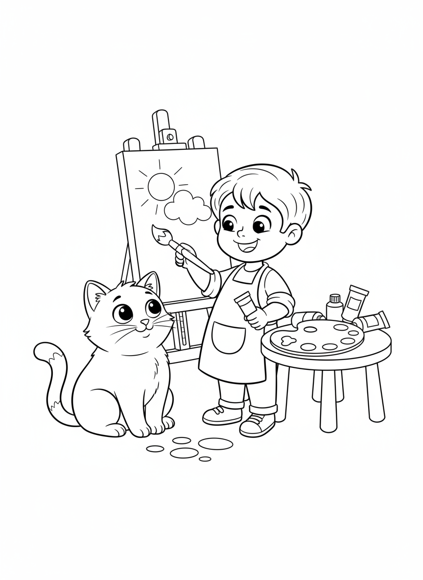 小さな画家と優しい猫：楽しいお絵描きぬりえ - 画材 ぬりえページ 塗りやすいとかわいい - 無料印刷可能な輪郭画
