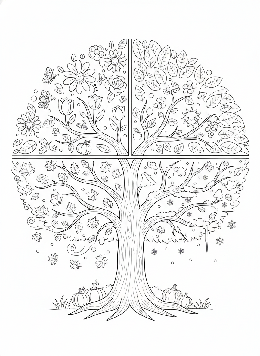 Magical Four Seasons Tree Coloring Page for Kids - Four Seasons Tree Coloring Page featuring Easy and Nature - Free Printable Outline Drawing for Kids