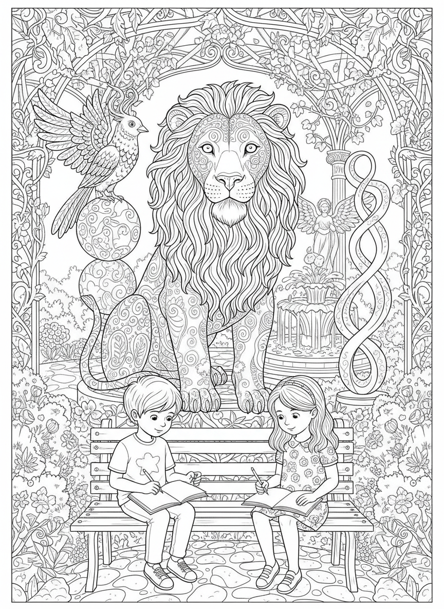 Magical Sculpture Garden: Lion & Whimsical Statues Coloring Page for Kids 8-10 - Lion Coloring Page featuring Children and Fantasy - Free Printable Outline Drawing for Kids