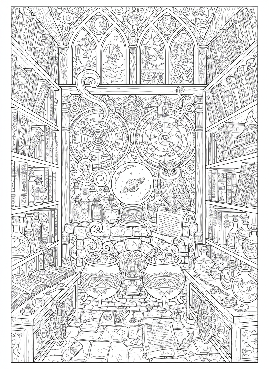 Magical Wizard's Study: Highly Detailed Fantasy Coloring Page - Wizard Coloring Page featuring Fantasy and Highly Detailed - Free Printable Outline Drawing for Kids