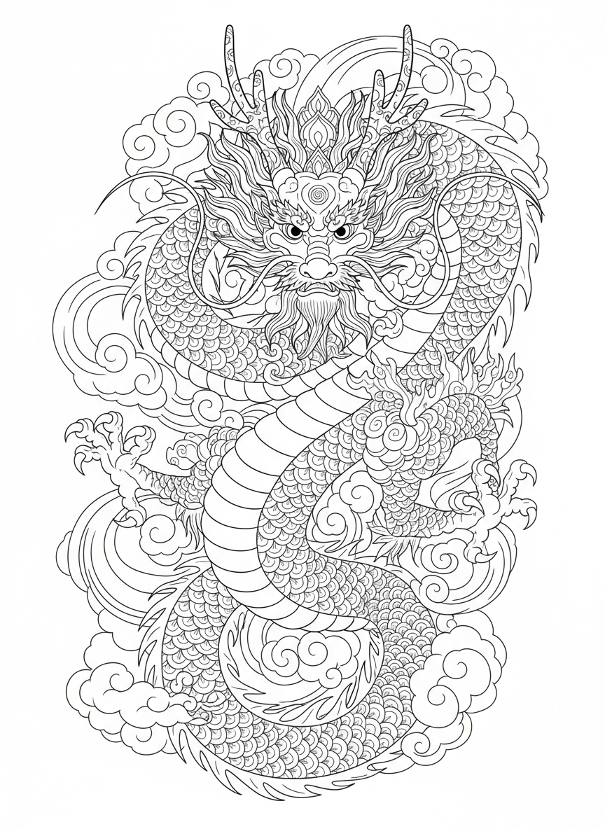 Majestic Eastern Dragon Coloring Page for Kids (7-10) - Dragon Coloring Page featuring Children and Complex - Free Printable Outline Drawing for Kids