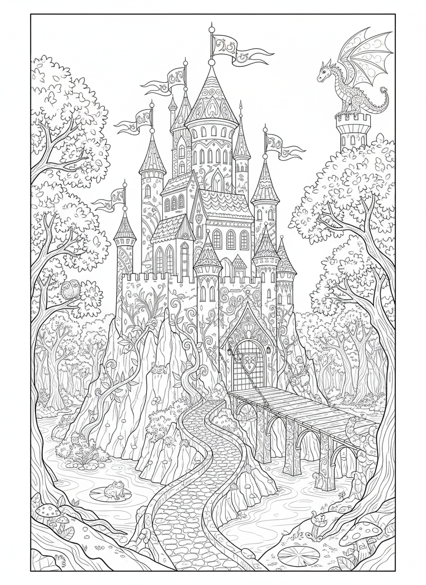 Coloriage Majestueux Château Fantastique et Dragon - Château Coloriage avec Enfants et Fantaisie - Dessin au Trait Gratuit Imprimable
