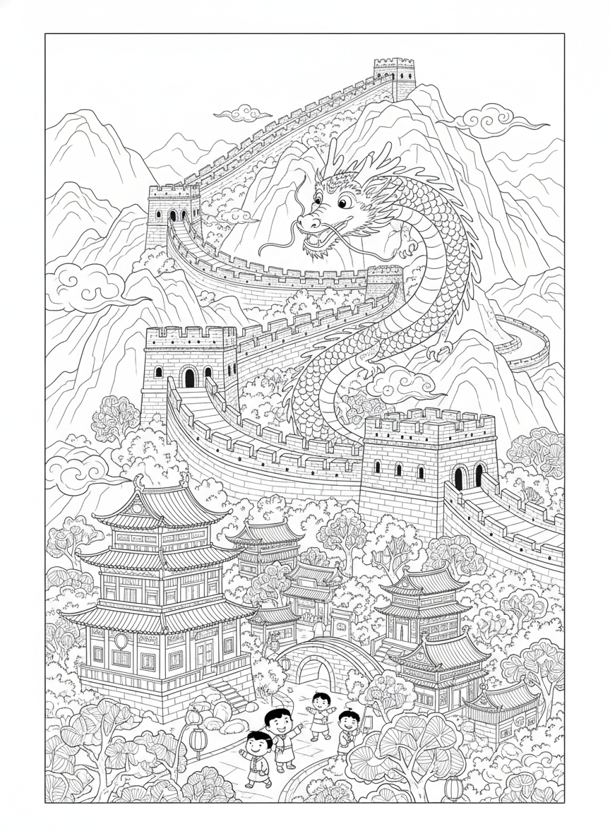 雄大な万里の長城と陽気な龍、中国の村 - 建物と都市 ぬりえページ ドラゴンと8-10歳向け - 無料印刷可能な輪郭画