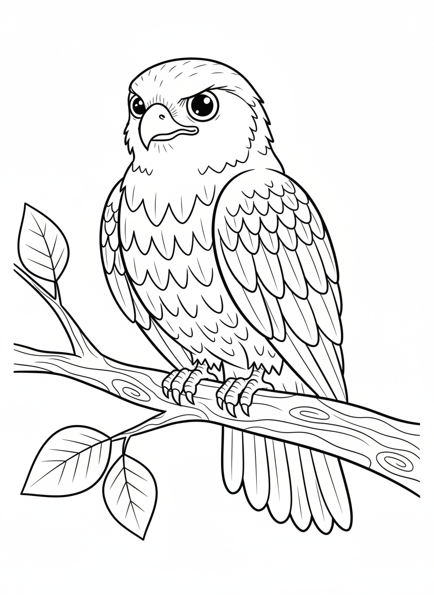 Majestic Hawk on Branch: Kids' Cartoon Coloring Page - Bird Coloring Page featuring Nature and Children - Free Printable Outline Drawing for Kids