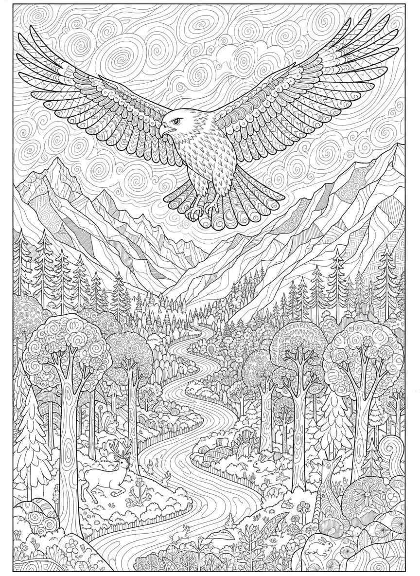 Majestic Hawk Soaring Over Detailed Mountain Valley Coloring Page - Bird Coloring Page featuring Nature and Hawk - Free Printable Outline Drawing for Kids