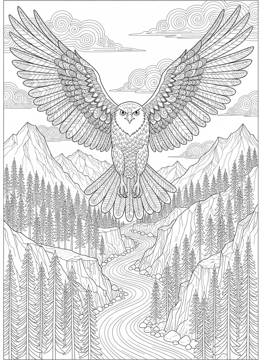 山岳森林を舞う雄大な鷹：子供向け詳細塗り絵 - 鳥 ぬりえページ 自然と子供 - 無料印刷可能な輪郭画