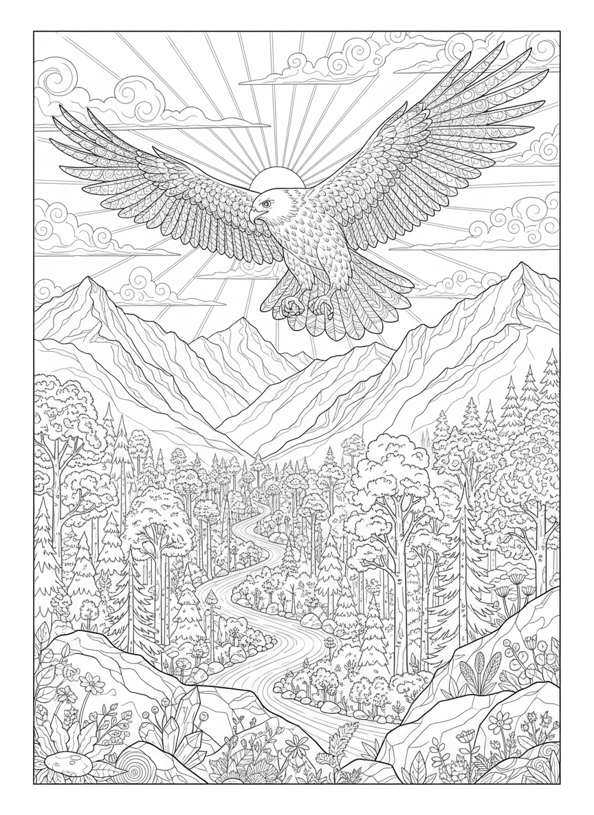 Majestic Hawk Soaring Over Mountain Landscape Coloring Page - Landscape Coloring Page featuring Forest and Hawk - Free Printable Outline Drawing for Kids