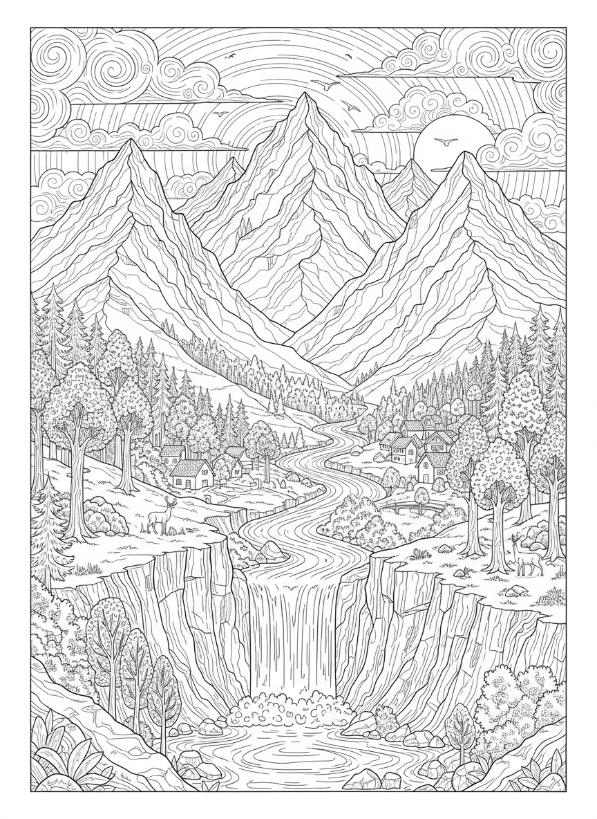 Majestic Mountain & Forest Village: Detailed Landscape Coloring Page for Kids 8-10 - Landscape Coloring Page featuring Children and Complex - Free Printable Outline Drawing for Kids