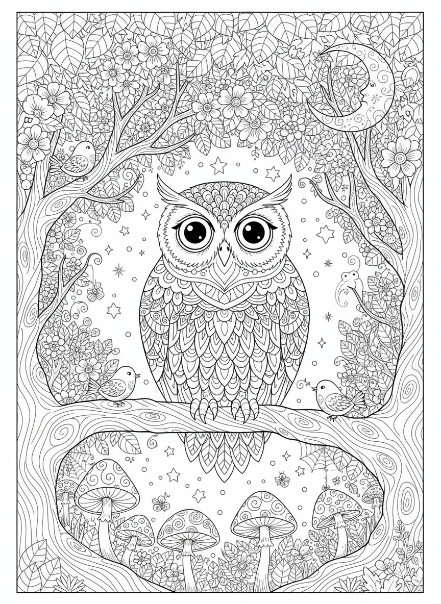Majestic Owl in Enchanted Night Forest Coloring Page for Kids - Owl Coloring Page featuring Night Sky and Owl - Free Printable Outline Drawing for Kids