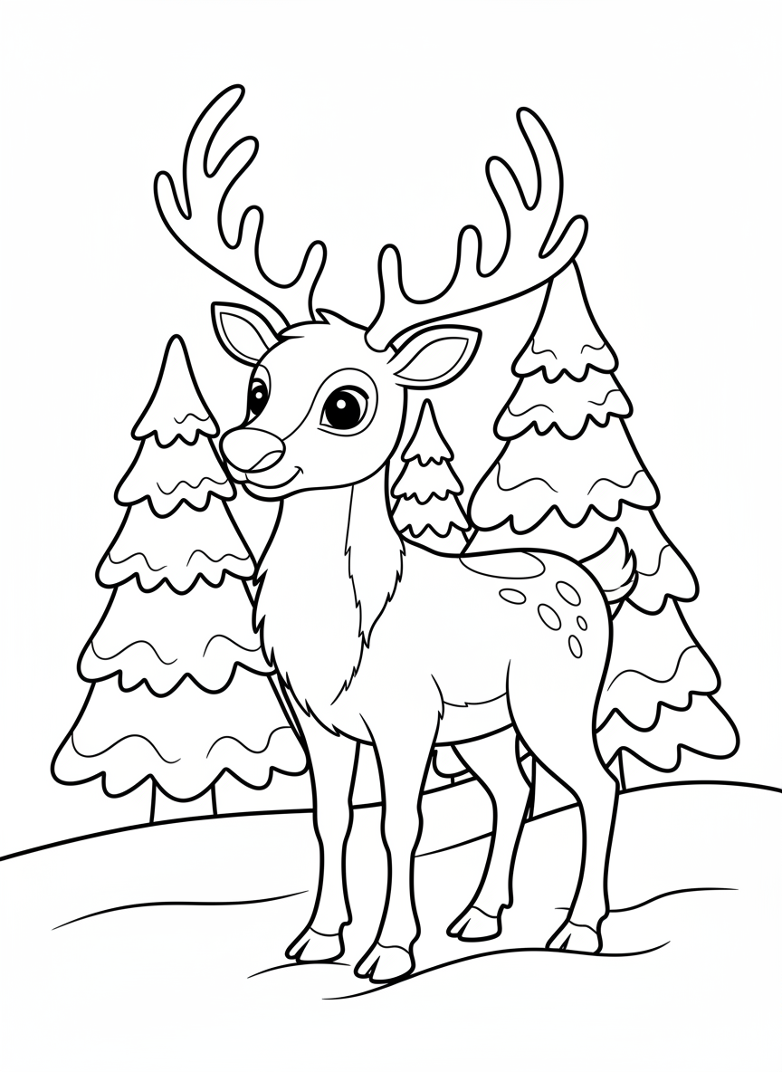 Majestic Reindeer Coloring Page: A Winter Forest Adventure for Kids - Reindeer Coloring Page featuring Children and Reindeer - Free Printable Outline Drawing for Kids