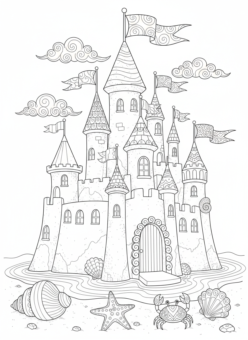 Majestic Sandcastle Beach Adventure Coloring Page - Castle Coloring Page featuring Children and Complex - Free Printable Outline Drawing for Kids