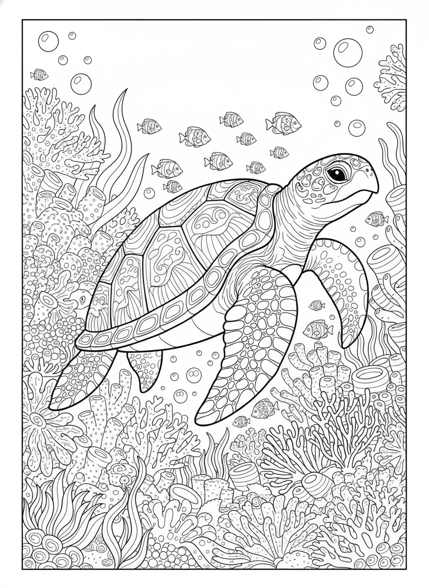 Majestic Sea Turtle in a Coral Reef Coloring Page - Ocean Animal Coloring Page featuring Children and Underwater - Free Printable Outline Drawing for Kids