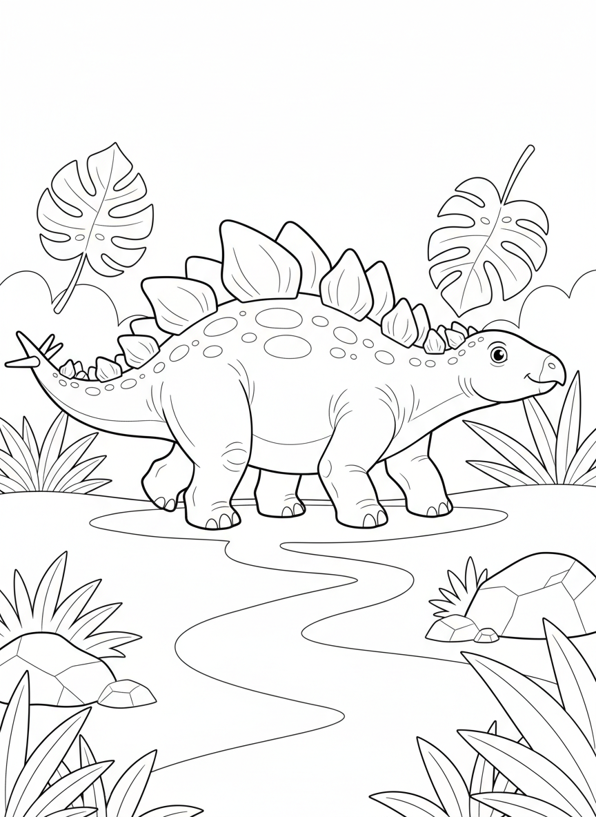 Page de Coloriage de Stégosaure Majestueux dans la Jungle pour Enfants - Dinosaure Coloriage avec Dinosaure et Enfants - Dessin au Trait Gratuit Imprimable