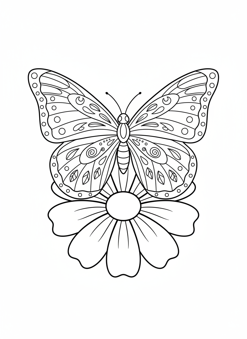 Majestic Symmetrical Butterfly on a Flower Coloring Page for Kids - Butterfly Coloring Page featuring Easy to Color and Cute Cartoon - Free Printable Outline Drawing for Kids