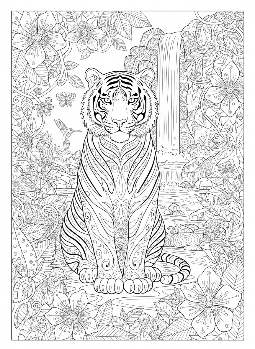 Majestic Tiger in Lush Jungle Coloring Page for Kids - Tiger Coloring Page featuring Children and Jungle - Free Printable Outline Drawing for Kids