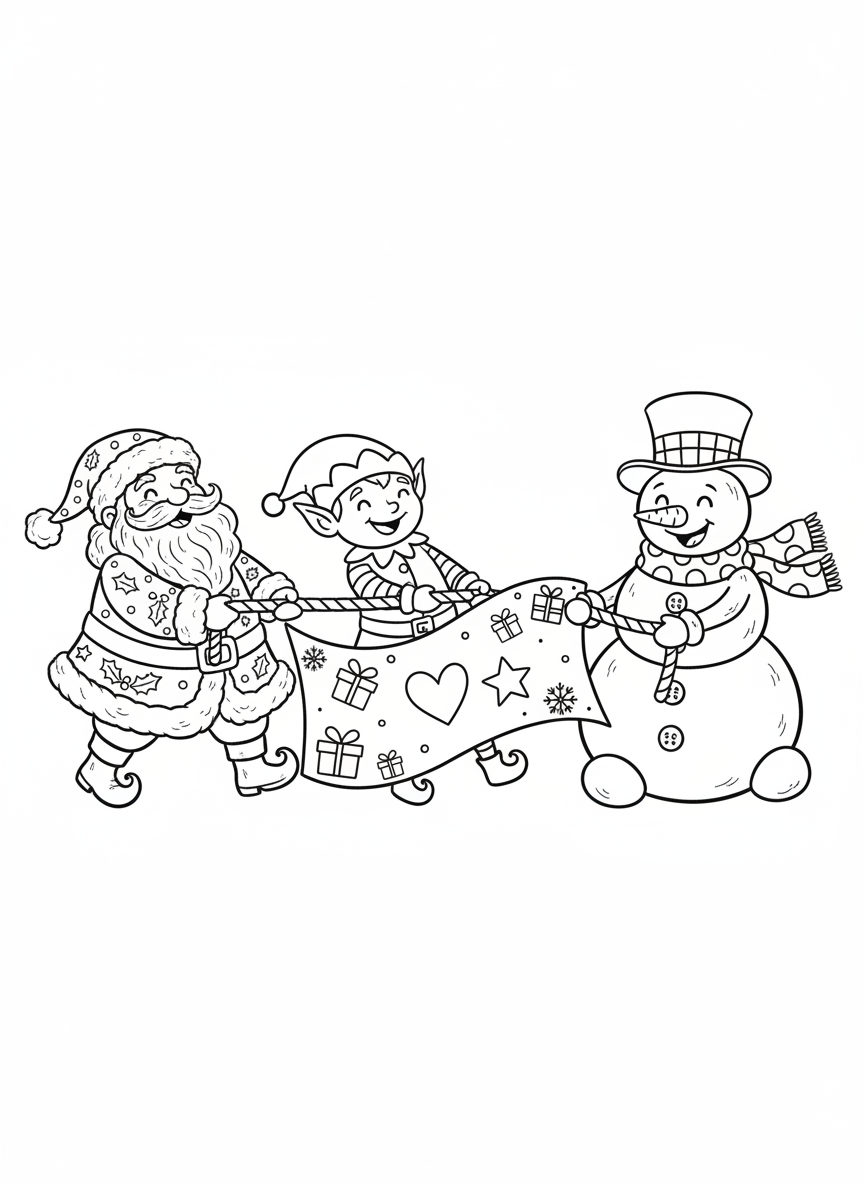 Merry Christmas Parade: Santa, Elf, and Snowman with Banner Coloring Page - Christmas Coloring Page featuring Christmas and Festive - Free Printable Outline Drawing for Kids