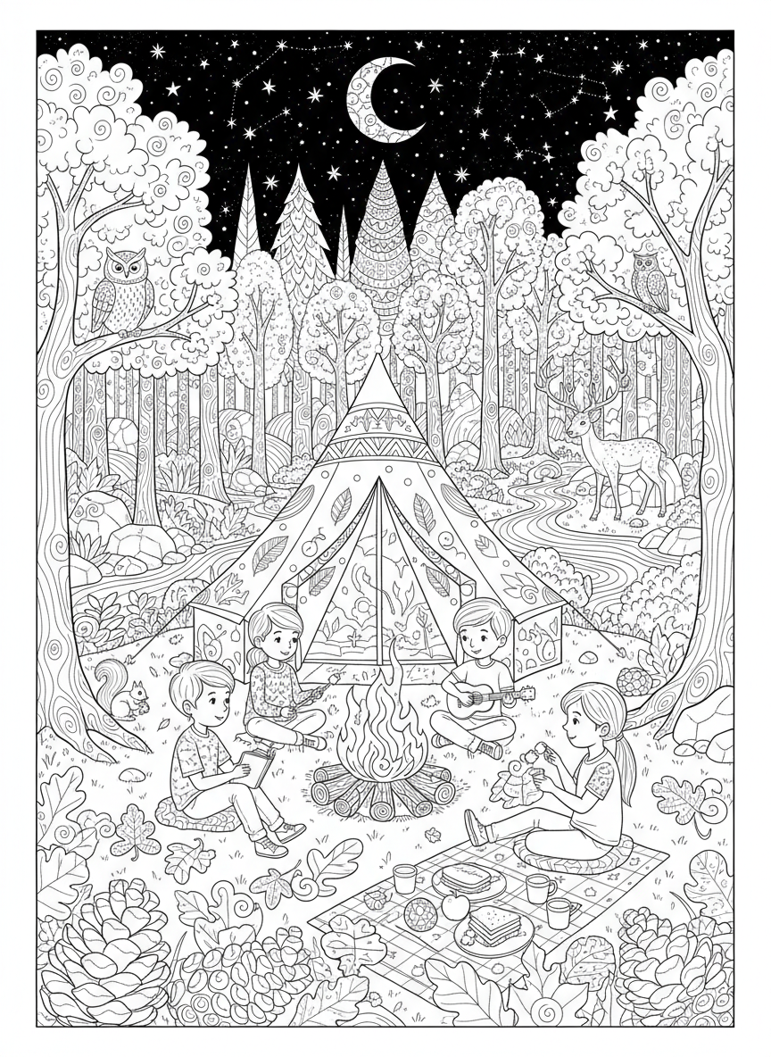 Night Camp Adventure: Detailed Coloring Page for Kids 8-10 - Camping Coloring Page featuring Children and Forest - Free Printable Outline Drawing for Kids