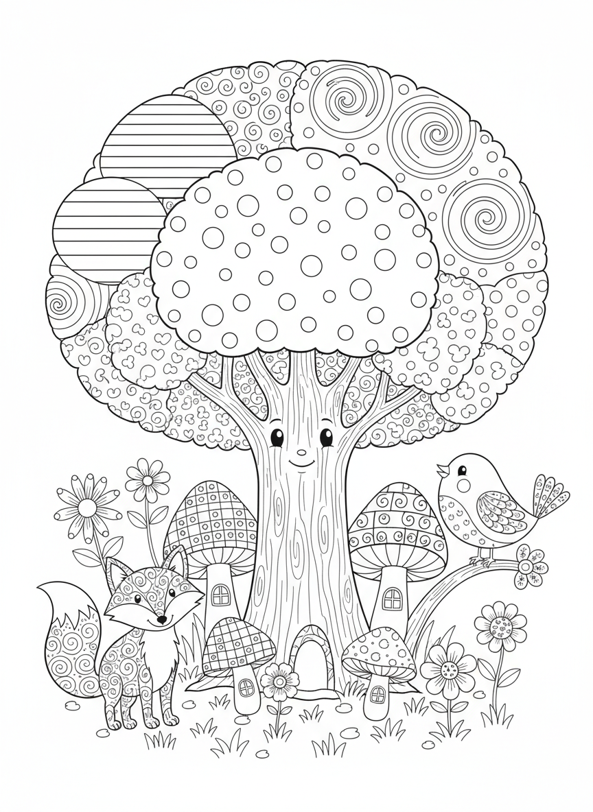 Aventura na Floresta Estampada: Página para Colorir Infantil - Floresta Desenho para Colorir com Natureza e Crianças - Desenho de Contorno Grátis Imprimível