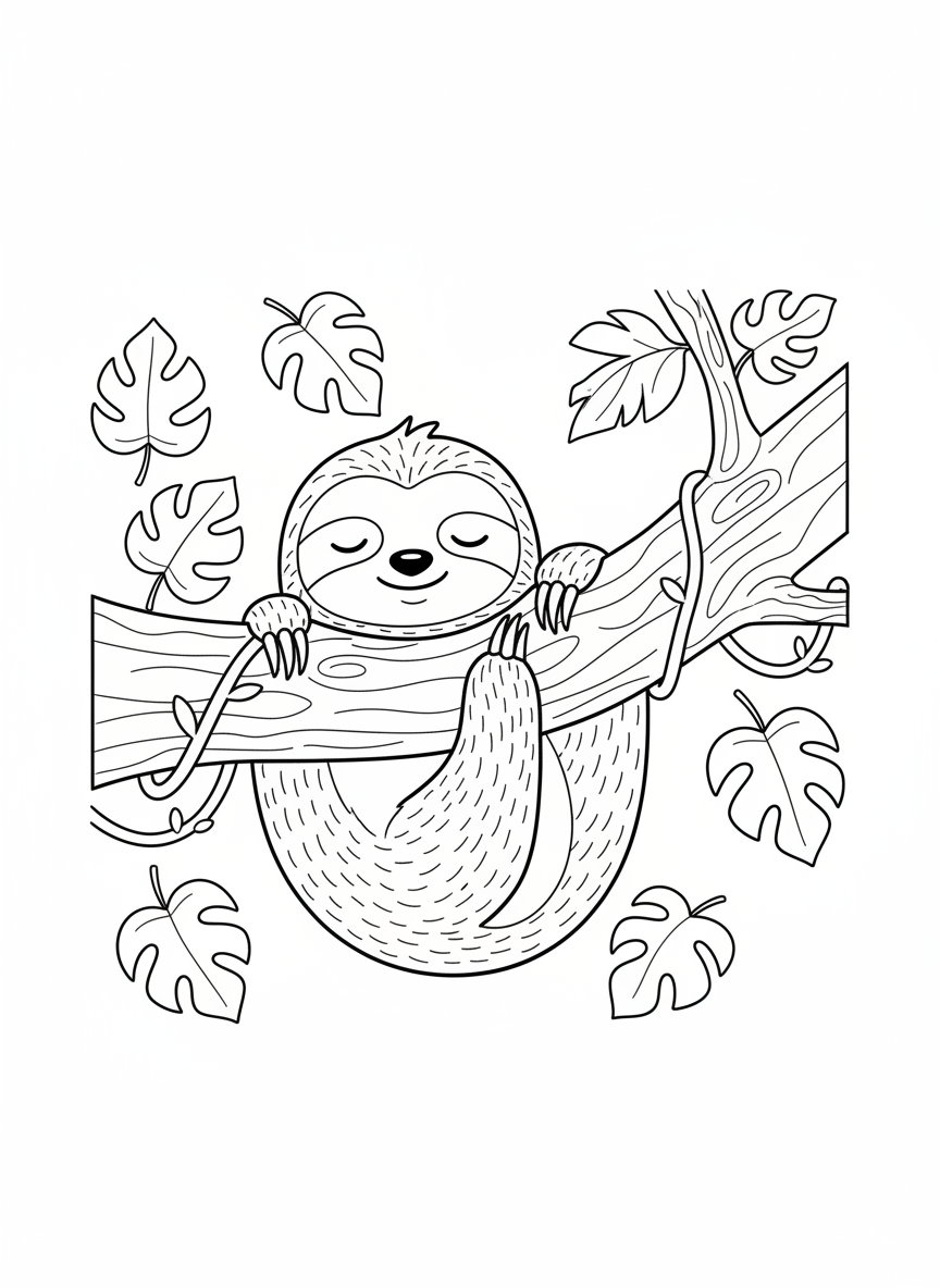 Peaceful Sleeping Sloth: Kids' Jungle Coloring Page - Sloth Coloring Page featuring Children and Cute - Free Printable Outline Drawing for Kids