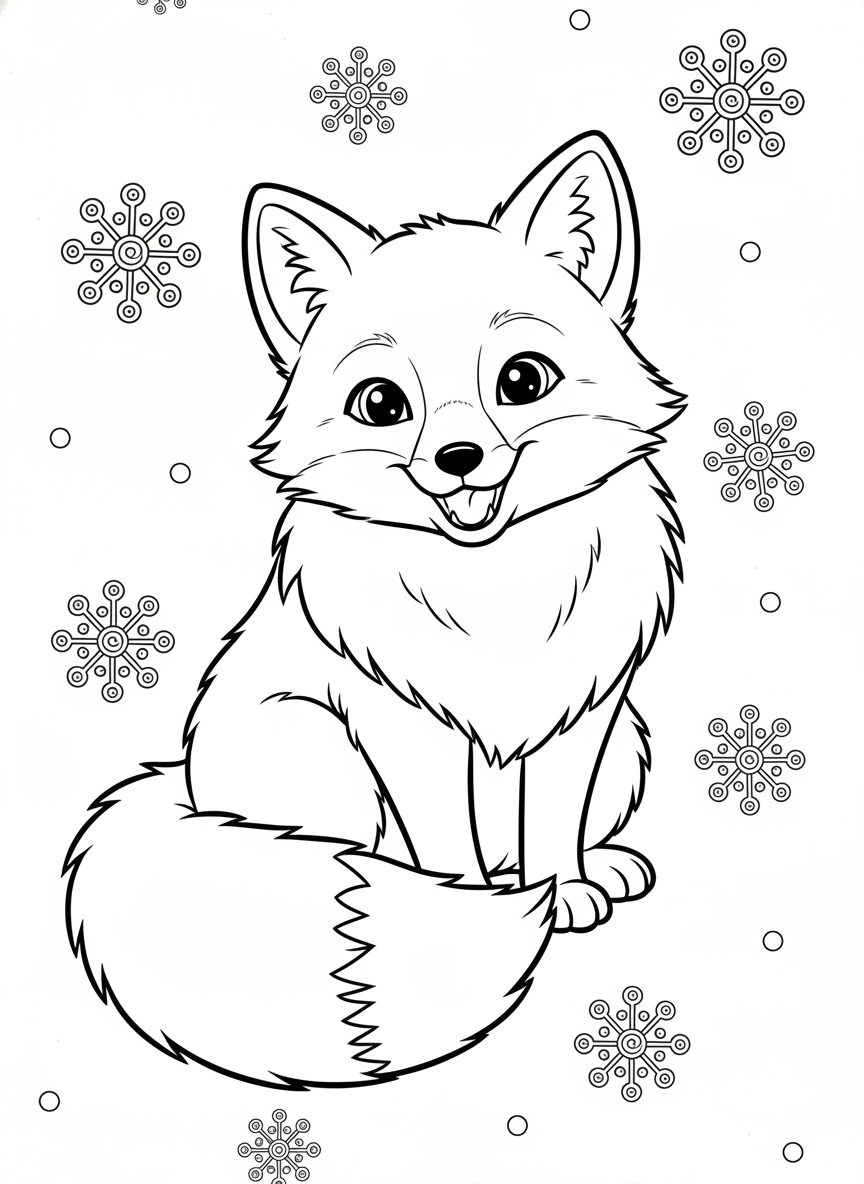 Página para Colorir Raposa do Ártico Brincalhona de Inverno - Raposa Desenho para Colorir com Crianças e Fofo - Desenho de Contorno Grátis Imprimível