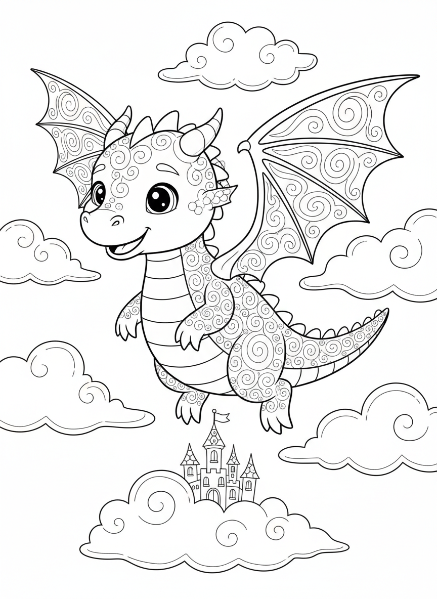 Playful Baby Dragon Flying Over a Whimsical Castle - Dragon Coloring Page featuring Children and Cute - Free Printable Outline Drawing for Kids
