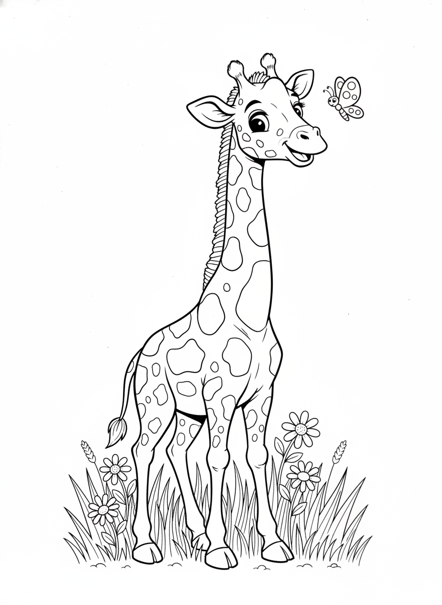Playful Baby Giraffe & Butterfly Coloring Page for Kids - Giraffe Coloring Page featuring Cute and Butterfly - Free Printable Outline Drawing for Kids