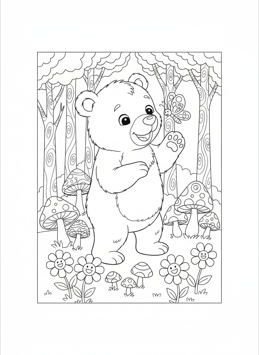 Playful Bear Cub in a Whimsical Forest Coloring Page - Bear Coloring Page featuring Forest and Nature Scene - Free Printable Outline Drawing for Kids