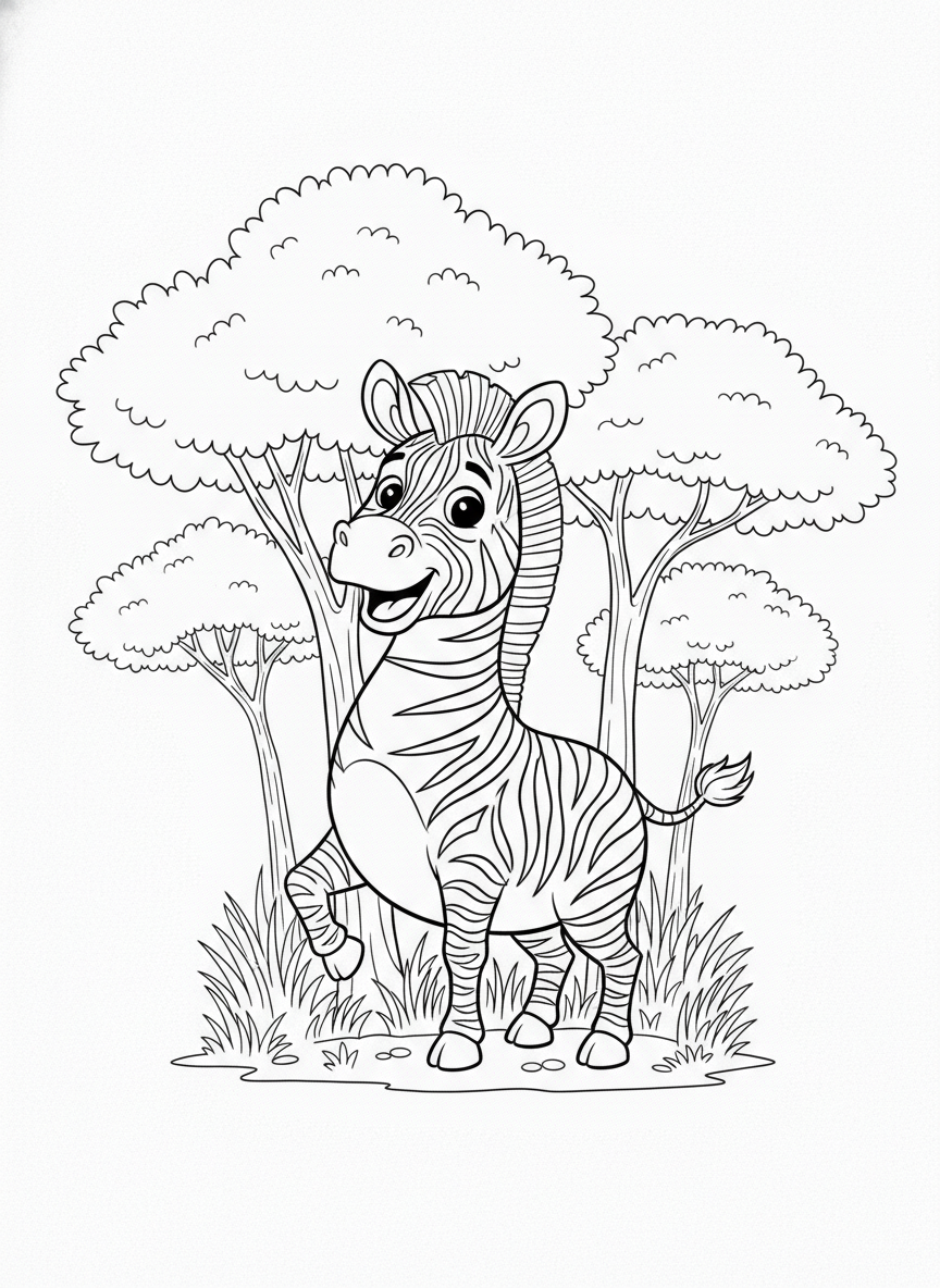 Página para Colorir de Zebra Cartoon Brincalhona na Savana - Zebra Desenho para Colorir com Fácil de Colorir e Fofo - Desenho de Contorno Grátis Imprimível