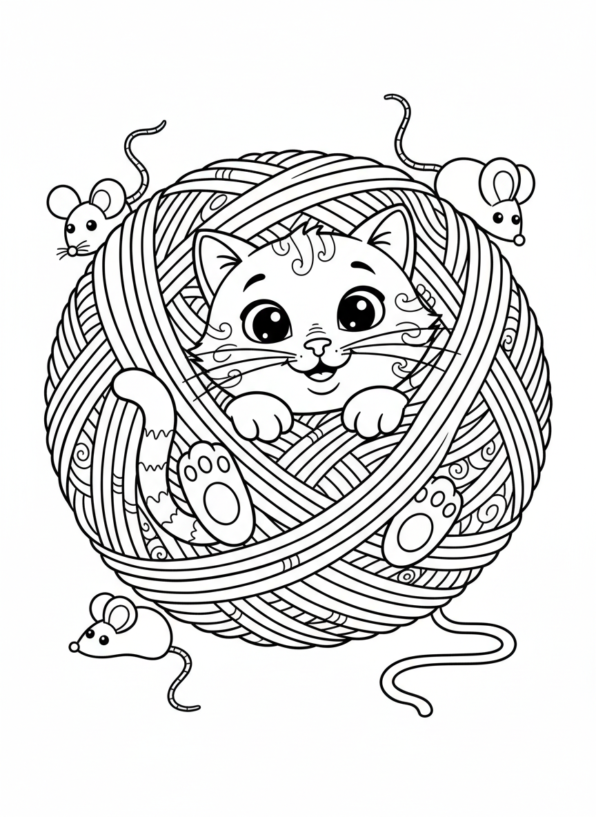 Playful Cat and Yarn Adventure Coloring Page - Cat Coloring Page featuring Cute and Kids - Free Printable Outline Drawing for Kids