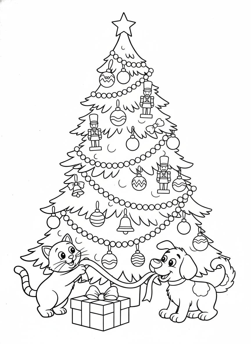 子供向け楽しいクリスマスツリーぬりえ：かわいい動物たちと - クリスマス ぬりえページ お祭りと楽しい - 無料印刷可能な輪郭画