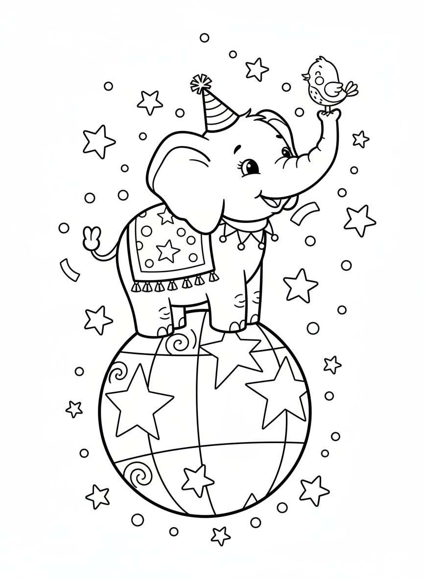 Elefante de Circo Brincalhão: Atração de Equilíbrio para Colorir - Elefante Desenho para Colorir com Fofo e Circo - Desenho de Contorno Grátis Imprimível