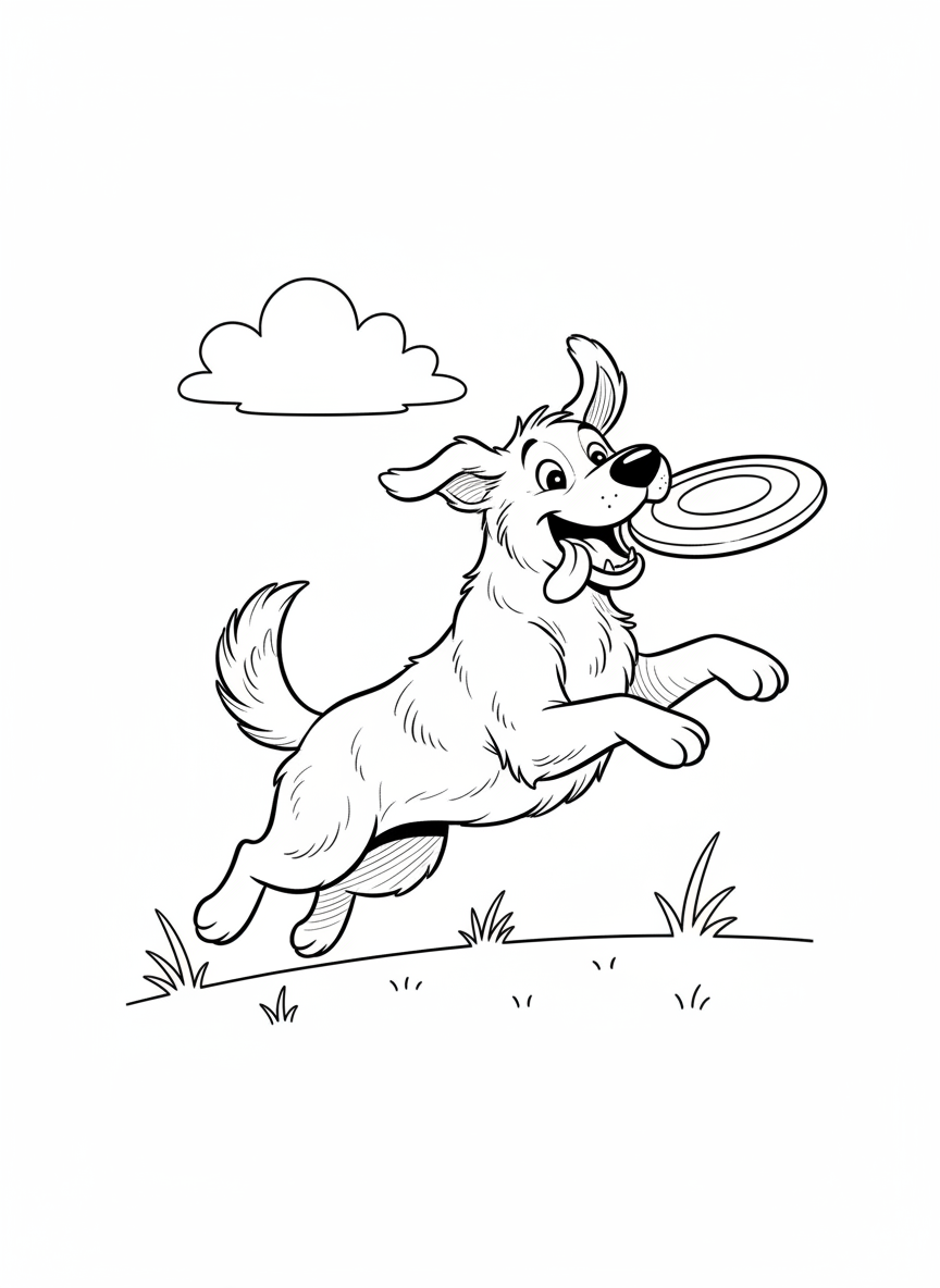 Playful Dog Catching Frisbee Coloring Page for Kids - Dog Coloring Page featuring Happy and Children - Free Printable Outline Drawing for Kids