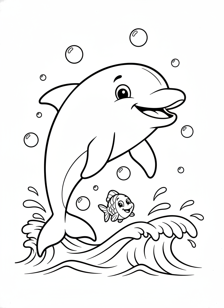 Playful Dolphin Jumping Coloring Page for Kids - Ocean Animal Coloring Page featuring Ocean and Children - Free Printable Outline Drawing for Kids